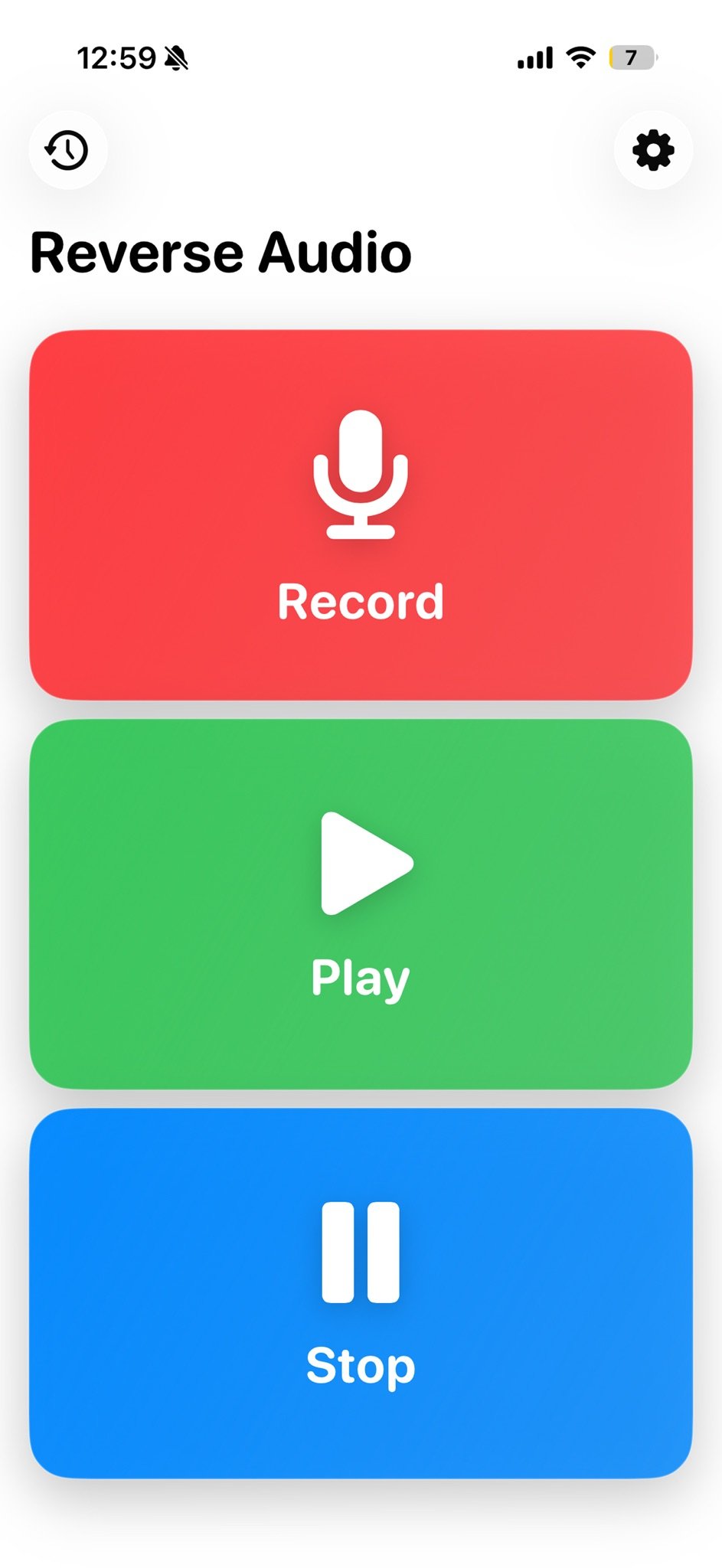 The main screen of a 'Reverse Audio' app, with a history icon and settings gear at top, and three large stacked buttons: red Record with microphone, green Play, and blue Stop.
