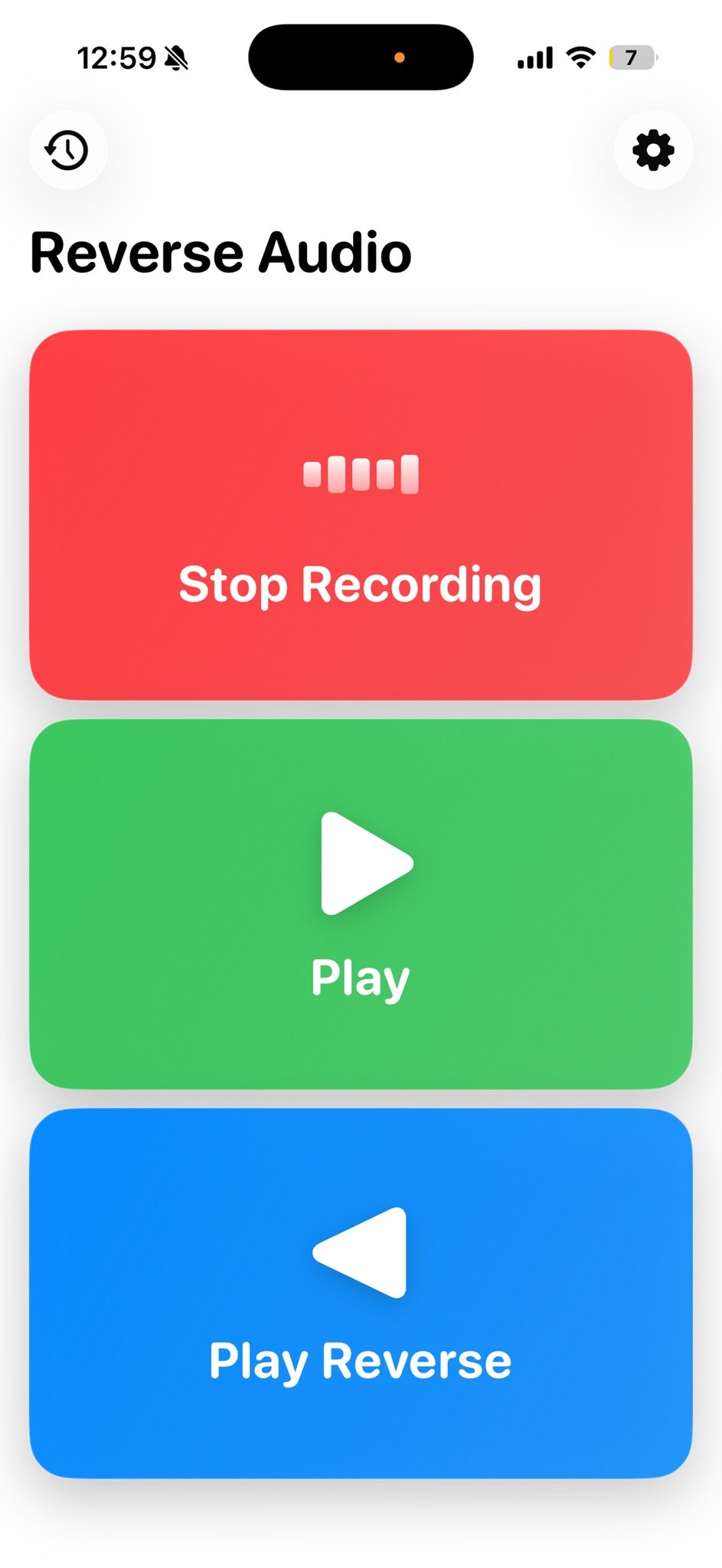 Reverse Audio app main screen on a phone, with history and settings icons at top and three large stacked buttons: red 'Stop Recording' with audio bars, green 'Play', and blue 'Play Reverse'.