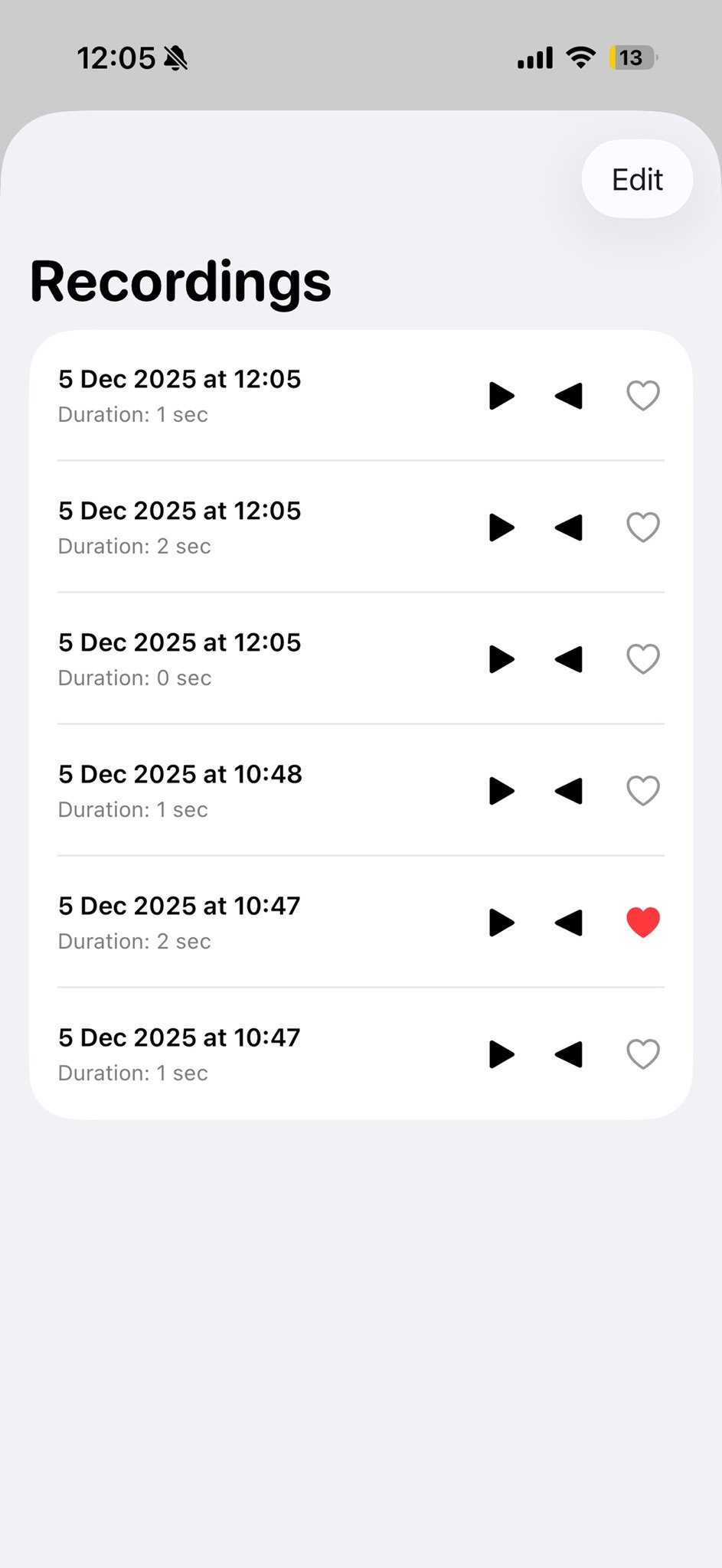 Phone screenshot of the Recordings screen showing a list of six voice recordings with timestamps and durations, each with play, rewind, and heart buttons, plus an Edit button at top.